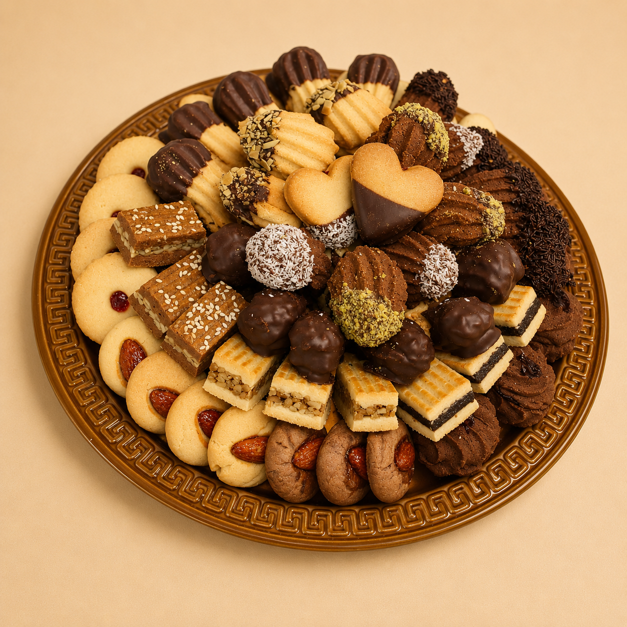 Assorted petit fours, chocolate-dipped pastries, and butter cookies on a decorative tray